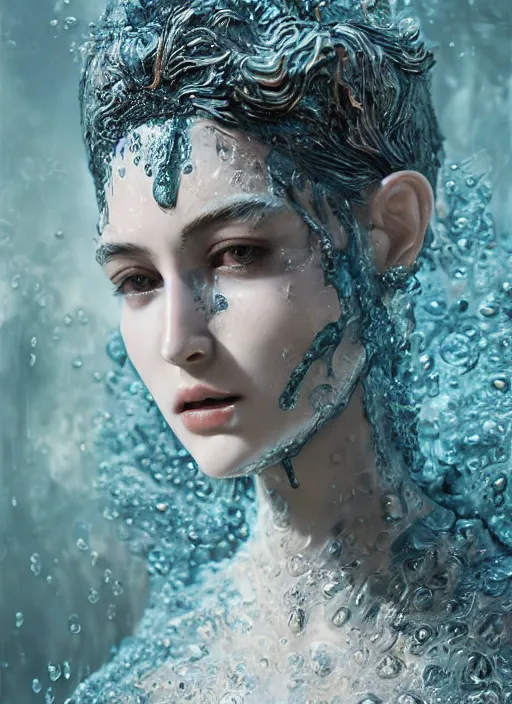 Image similar to sculpture made of water, portrait, female, future, shaman, harper's bazaar, vogue, magazine, insanely detailed and intricate, concept art, close up, wet, ornate, luxury, elite, elegant, trending on artstation, by ruan jia, by Kenneth Willardt, by ross tran, by WLOP, by Andrei Riabovitchev,