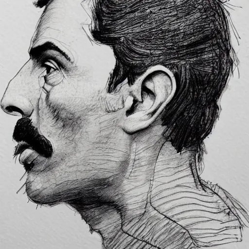 Image similar to a realistic yet scraggly portrait sketch of the side profile of a stern and sophisticated freddie mercury, trending on artstation, intricate details, in the style of frank auerbach, in the style of sergio aragones, in the style of martin ansin, in the style of david aja, in the style of mattias adolfsson