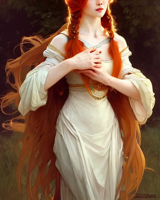 Image similar to a cool ginger girl. she is dressed as a princess. clean elegant painting, beautiful detailed face. by artgerm and greg rutkowski and alphonse mucha