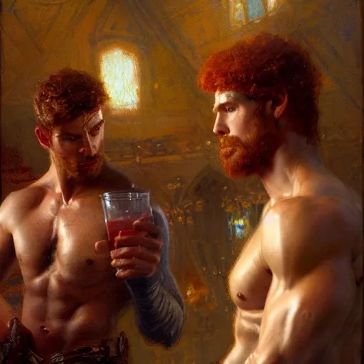 Image similar to attractive muscular mike with ginger hair with attractive tyler with brunet hair, drinking their hearts out, in their noble mansion. very defined and highly detailed painting by gaston bussiere, craig mullins 8 k