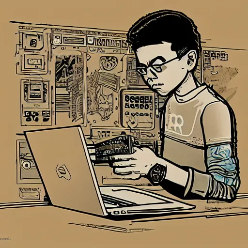 Prompt: illustration of a boy connected to his laptop with wires, highly detailed, by butcher billy, mcbess, rutkowski, james jean, 8 k, photorealistic