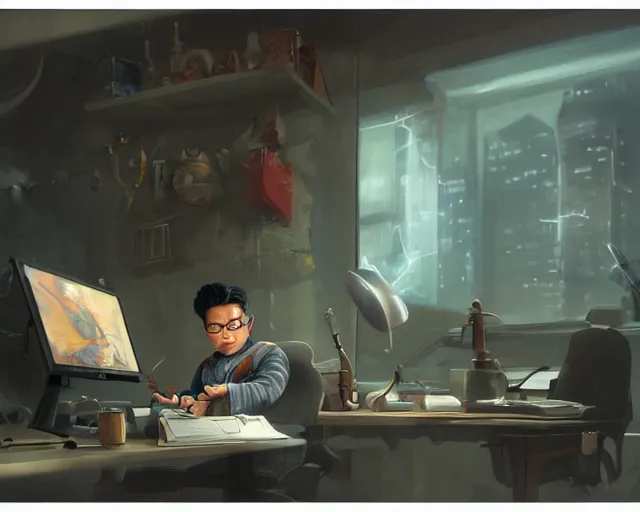 Image similar to an insanely detailed painting of a nerdy asian man wearing a superhero costume, sitting at a desk, staring at the nervously at the computer and typing, in the style of peter mohrbacher, dramatic lighting and composition, surreal background, octane render, pixar, trending on artstation, concept art, comic book, view from behind