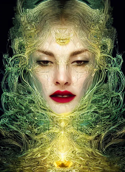 Image similar to glowing silver and golden elements, full close-up portrait, vector dark witch from unsplash, book cover, green forest, white moon, red lips, establishing shot, extremly high detail, photo-realistic, cinematic lighting, pen and ink, intricate line drawings, by Yoshitaka Amano, Ruan Jia, Kentaro Miura, Artgerm, post processed, concept art, artstation, matte painting, style by eddie mendoza, raphael lacoste, alex ross