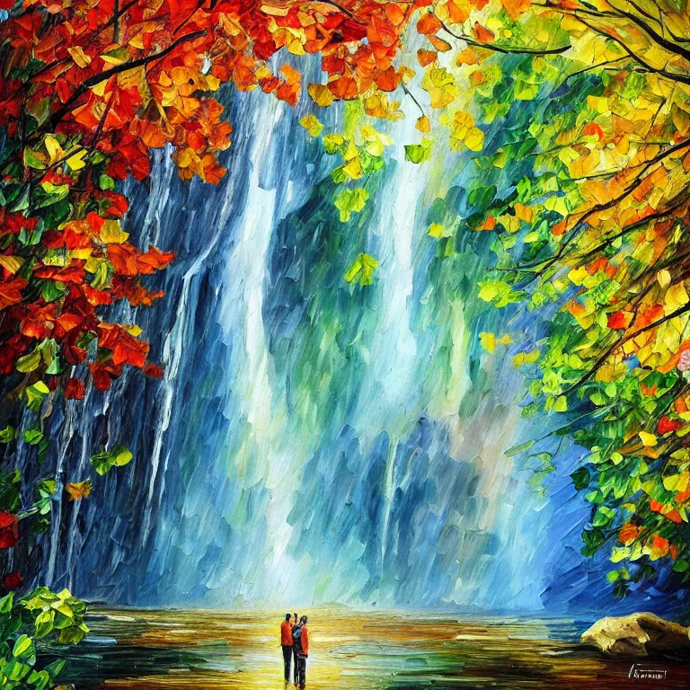 Image similar to A beautiful oil painting of a very tall waterfall on a very rocky cliff, in the middle of a huge forest of trees with bright blue glowing leaves, by Afremov