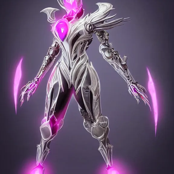 Image similar to highly detailed exquisite fanart, of a beautiful female warframe, but as an anthropomorphic elegant robot female dragon, shiny and smooth off-white plated armor engraved, robot dragon head with glowing eyes, Fuchsia skin beneath the armor, sharp claws, long sleek tail behind, robot dragon hands and feet, standing elegant pose, close-up shot, full body shot, epic cinematic shot, professional digital art, high end digital art, singular, realistic, DeviantArt, artstation, Furaffinity, 8k HD render, epic lighting, depth of field