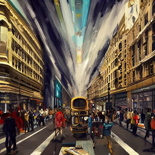 Prompt: of oxford street london lots of people in the style of disco elysium, expressionism, artstation, trending, by aleksander rostov, jenny saville, rembrandt, alex kanevsky, wassily kandinsky, dave mckean, yoshitaka amano