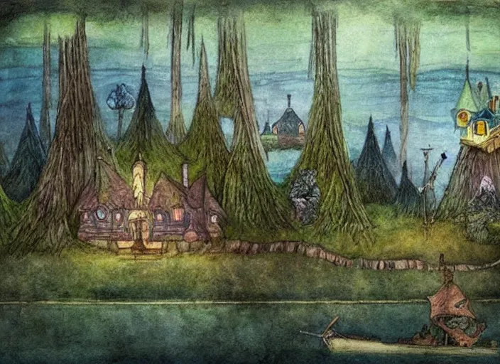 Image similar to a fantasy landscape with houses around a big lake, lowbrow in the style of alexander jansson and john bauer,