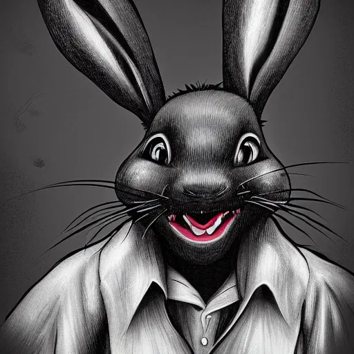 Image similar to A extremely highly detailed majestic hi-res beautiful, highly detailed head and shoulders portrait of a scary terrifying, horrifying, creepy black cartoon rabbit with scary big eyes, earing a shirt laughing, hey buddy, let's be friends, in the style of Walt Disney