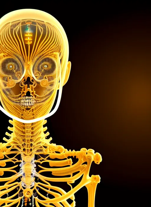 Prompt: fractal female golden mechanical skeleton with beautiful human face, wires, glowing internal light, hyperdetailed, by alex grey, intricate linework, faberge, intricate gold linework, dark atmosphere, unreal engine 5 highly rendered, global illumination, radiant light, detailed and intricate environment