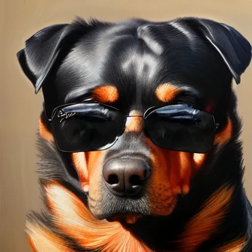 Image similar to rottweiler wearing shades, oil painting, artgerm, portrait, highly detailed, artstation