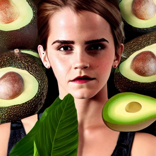 Image similar to photograph of emma watson with avocado skin, anthropomorphic