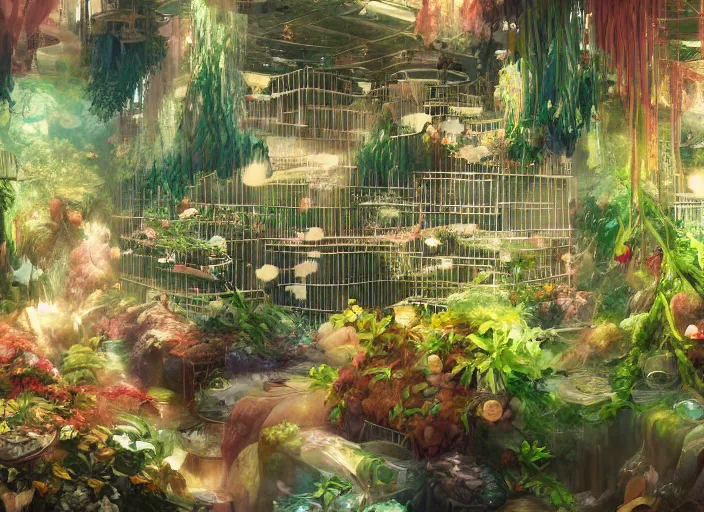 Image similar to messy cozy store with cluttered hanging cages and bright aquariums, dense verdant foliage, dim painterly lighting volumetric aquatics, impasto, trending on pixiv