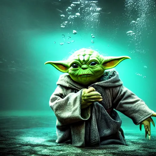 Image similar to stunning awe inspiring yoda swimming under water, 8 k hdr under water photo, amazing lighting