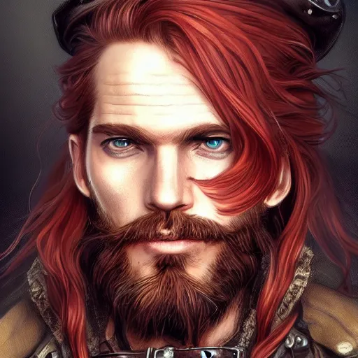 Image similar to portrait of a rugged steampunk pirate, 3 0 years old, male, handsome, masculine, red hair, long hair, long beard, soft hair, fantasy, intricate, elegant, highly detailed, steampunk, airship, digital painting, artstation, concept art, character art, smooth, sharp focus, illustration, art by artgerm and greg rutkowski and alphonse mucha