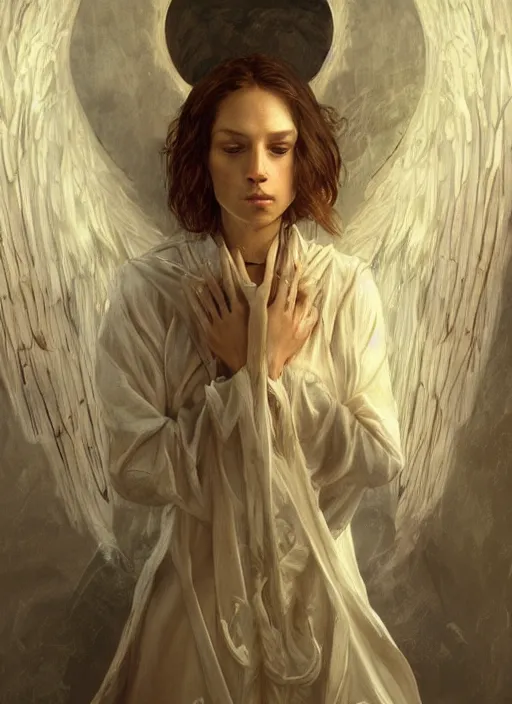 Image similar to angel wizard, physically accurate, moody dynamic lighting, very very intricate, very very elegant, highly detailed, digital painting, artstation, HR GIGER, Hieronymus Bosch, Francis Bacon, concept art, smooth, very beautiful, sharp focus, illustration, art by artgerm and greg rutkowski and alphonse mucha