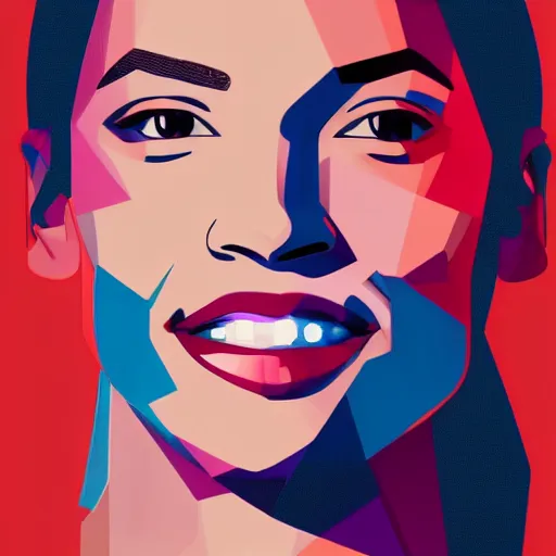 Prompt: smiling, happy, beautiful, intelligent, powerful alexandria ocasio - cortez, loving eyes, fully clothed, wise, beautiful, dramatic lighting, sharp focus, art deco patterns by stanley artgerm, retro futurism, dramatic lighting, trending on artstation, flat colour, geometric curves, gradient filter