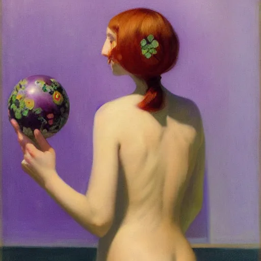 Image similar to a girl with three eyes on 5 translucent luminous spheres, full of floral and berry fillings, in an ocean of lavender color by edward hopper