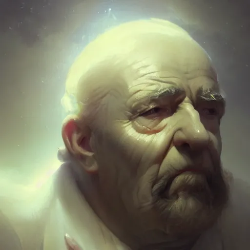 Image similar to cinematic shot epic portrait a melting old man, shiny, broad light, ambient occlusion, volumetric light effect, made by ivan aivazovsky, peter mohrbacher, greg rutkowski, matte painting, trending on artstation, 4 k, perfectly defined features, digital painting, cinematic, epic, highly detailed,