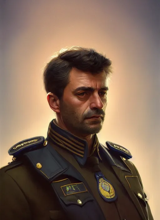 Prompt: portrait of stoic looking jean - pierre pernaut - 3 3 ans avec vous, full body, police uniform, intricate, hivis, elegant, beautiful, highly detailed, digital painting, artstation, concept art, smooth, sharp focus, illustration, art by artgerm and greg rutkowski and alphonse mucha