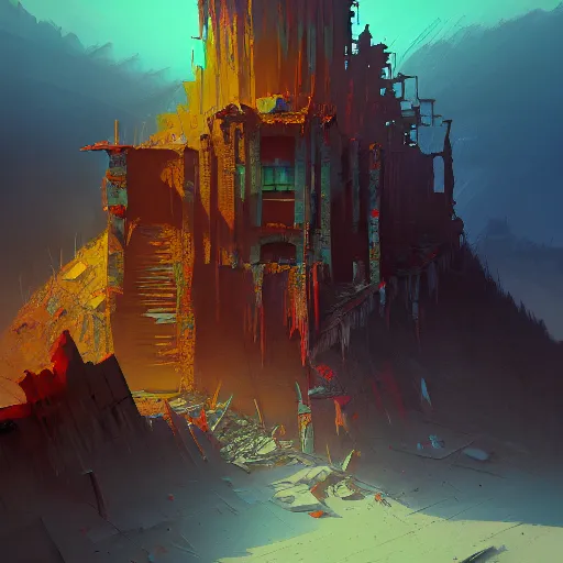 Image similar to concept art of a post - apocalypti ruined monastery at the top of a mountain, grimy, gritty, trending on artstation, award winning painting, cgi, art by anton fadeev and john howe and guy denning and filip hodas