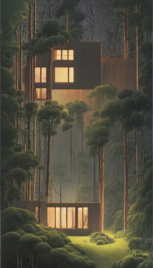 Prompt: cozy ultra modern home in the woods moody lighting, highly detailed, painting by zdzisław beksinski and norman rockwell and greg rutkowskiweta studio, and lucasfilm