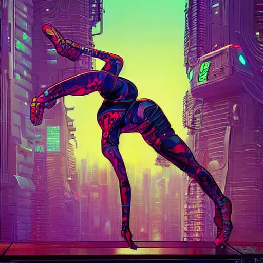 Prompt: a cyberpunk gymnast, centered in the frame, cyberpunk concept art by Jean Giraud and josan gonzales, digital art, highly detailed, intricate, sci-fi, sharp focus, Trending on Artstation HQ, deviantart, 4K UHD image
