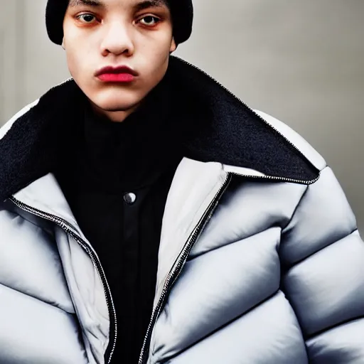 Image similar to realistic photoshooting for a new balenciaga lookbook color film photography close up portrait of a beautiful woman model, model wears a puffer jacket, photo in style of tyler mitchell, ssense