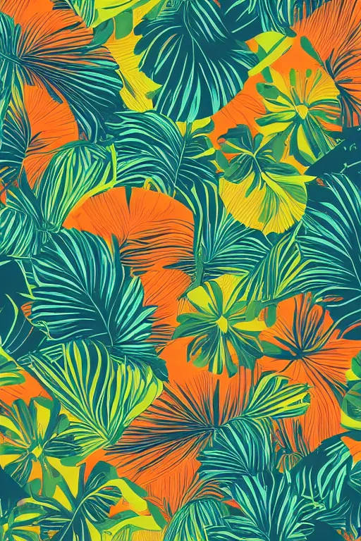 Prompt: moody vector illustration of tropical flowers and green reeds, multiple cohesive colors ranging from warm blues to bright oranges on a ((very dark background)), 4K resolution