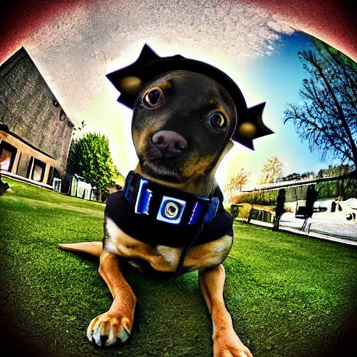 Image similar to Fisheye lens photograph of a cybernetic digital dog