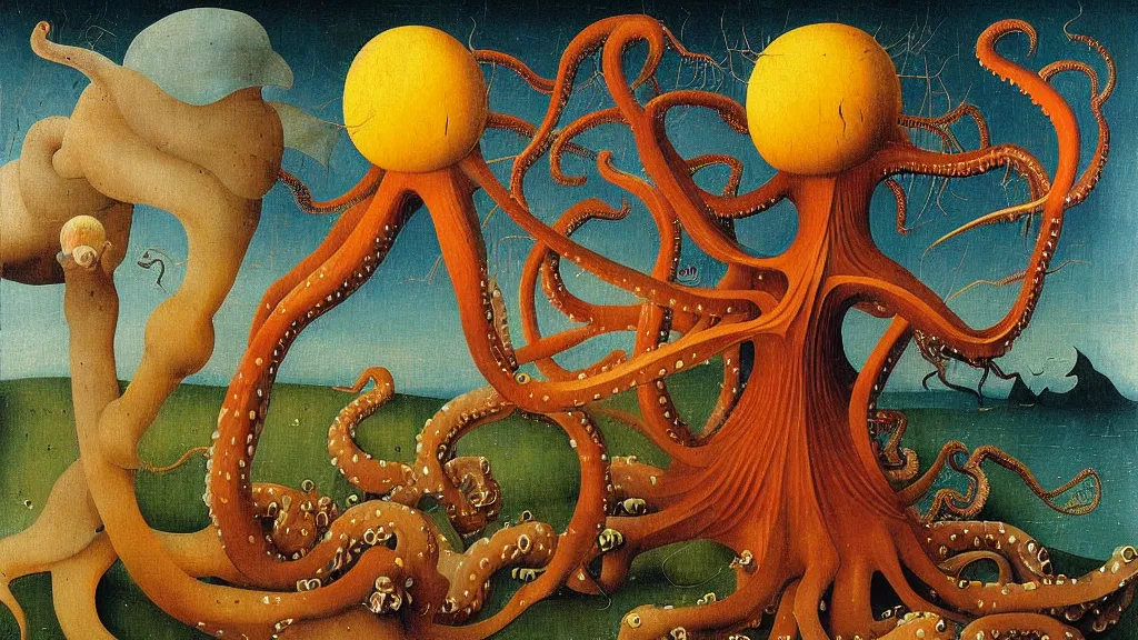 Image similar to a beautiful digital painting digital render of a landscape with strange weird octopus creatures. remedios varo. hieronymus bosch. chiho aoshima. johfra bosschart