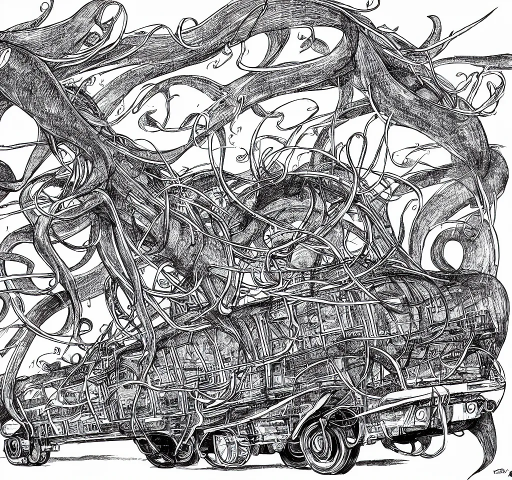 Image similar to a giant squid commuting to work on a suburban train, sponsored by burger squid king. the squid is drawing a technical diagram of a machine which will enslave humanity.