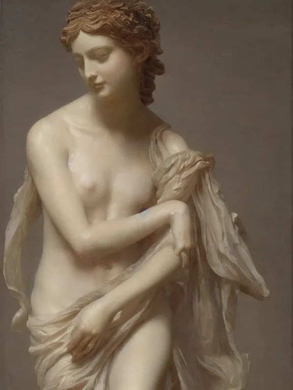 Prompt: sculpture of a sad fragile beautiful girl covered in translucent flowing dress, wet drapery, classical greece, alla prima, oil painting, by giovanni strazza and raffaelo monti
