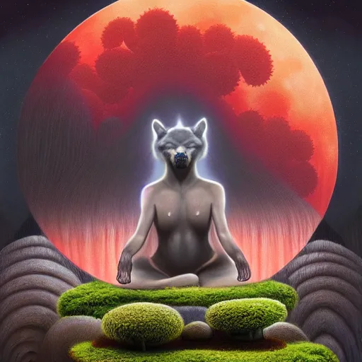 Image similar to an athromorphic wolf character meditating in a zen garden with a waterfall under the blood moon, by Adi granov and afarin sajedi and amanda sage and evgeni gordiets and Agostino Arrivabene in a psychedelic portrait style, ultrarealistic matte painting, volumetric lighting, fractal, extremely symmetrical, highly detailed face, orisha, 8k, hd