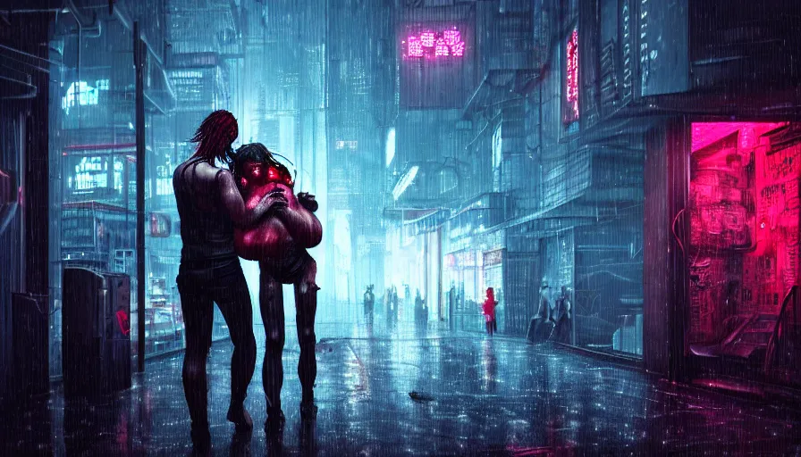 Prompt: highly detailed, a man carries the body of a bloody girl in his arms, cyberpunk, rain, night, cyberpunk futuristic neon, detailed and intricate environment