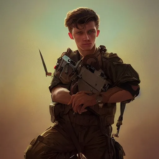 Prompt: Portrait of Tom Holland as a military officer, intricate, headshot, highly detailed, digital painting, artstation, concept art, sharp focus, cinematic lighting, illustration, art by artgerm and greg rutkowski, alphonse mucha, cgsociety