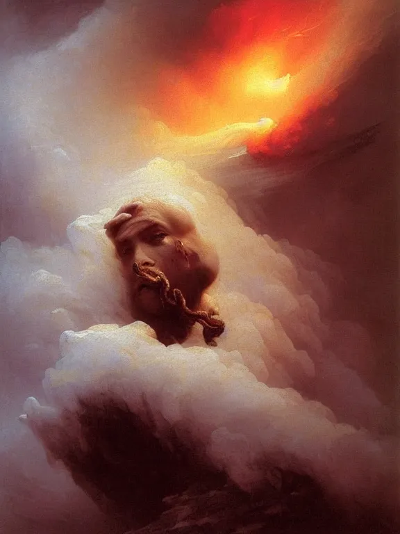 Prompt: painting by ivan aivazovsky of a flying sorrowful looking human head with tears running down it's eyes, face that is chalk white in color, with long sprawling white tentacles stemming down it's neck, fiery scorching red eyes, flying in a terrying hellish dark cavernous place