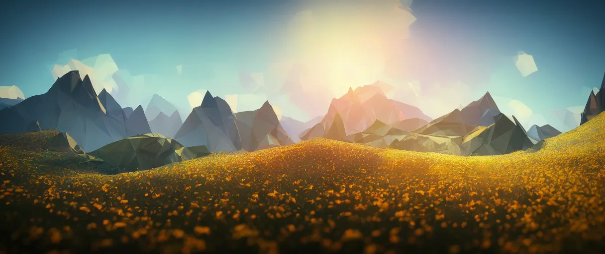 Prompt: 3 d render, mountain landscape, digital art, low poly art, minimalist, flowers, lowpoly landscape, particles floating, unreal engine, dreamy, bokeh, bounce light, sunny, complementary palette, redsinski