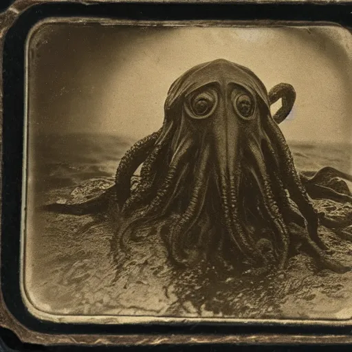 Image similar to a daguerreotype of cthulhu rising from the ocean