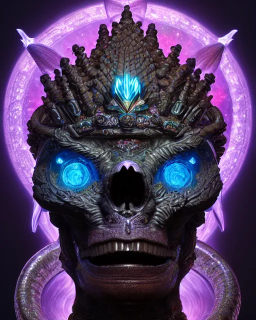 Image similar to 3 d ornate carved dark cosmic king with profile portrait, sigma 5 0 0 mm f / 5. beautiful intricate highly detailed quetzalcoatl skull. bioluminescent, plasma, lava, ice, water, wind, creature, thunderstorm! artwork by tooth wu and wlop and beeple and greg rutkowski, 8 k trending on artstation