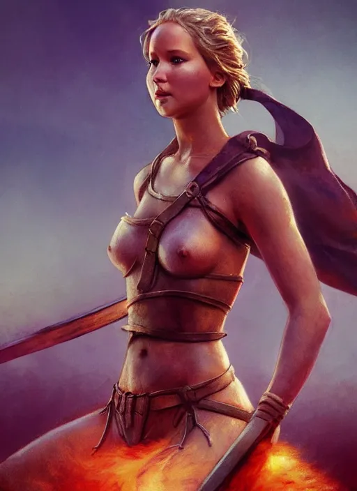 Image similar to hyper realistic photo of warrior princess jennifer lawrence full body, rule of thirds, conceptart, saturated colors, cinematic, greg rutkowski, brom, james gurney, mignola, craig mullins, artstation, cgsociety