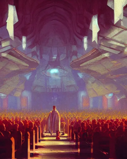 Image similar to craig mullins and moebius digital matte art of a crowd in a futuristic church, priest, pews, ethereal, inviting, bright, unreal engine, hyper realism, realistic shading, cinematic composition, realistic render, octane render, detailed textures, photorealistic, wide shot