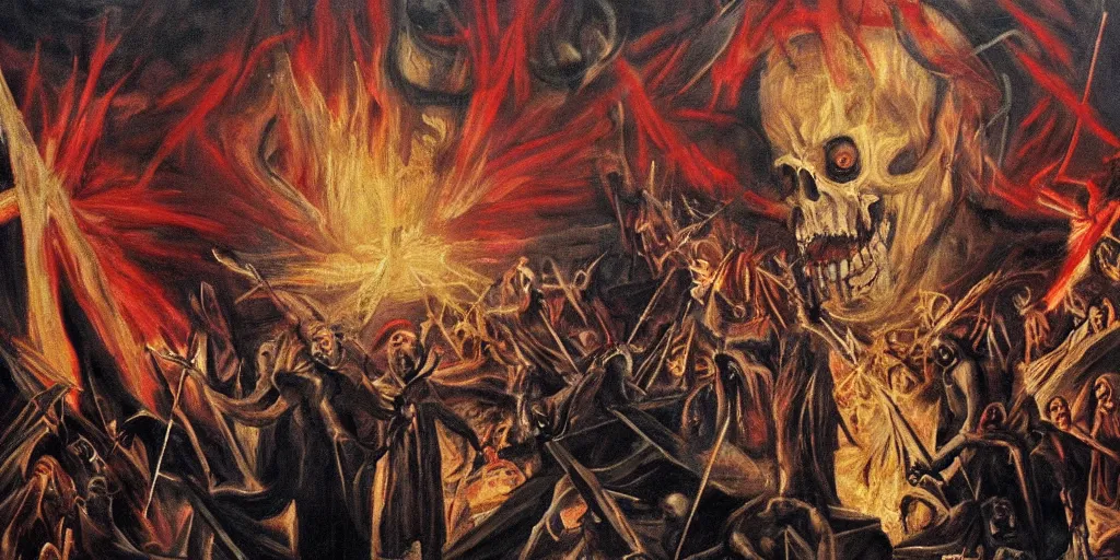 Image similar to dante's inferno painting, with biden trump obama united states of america, illuminati symbol, flag, crows, skeletons, crosses, jesus, dark beauty, rotten gold, perfect faces, extremely detailed, cinema 4 d, unreal engine.