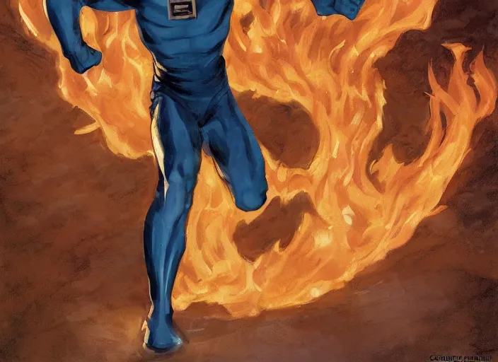 Image similar to a highly detailed beautiful portrait of johnny storm [ fantastic four ] [ human torch ], by gregory manchess, james gurney, james jean