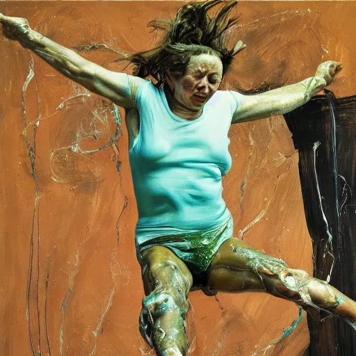 Image similar to high quality high detail painting by lucian freud and jenny saville, hd, jumping, turquoise