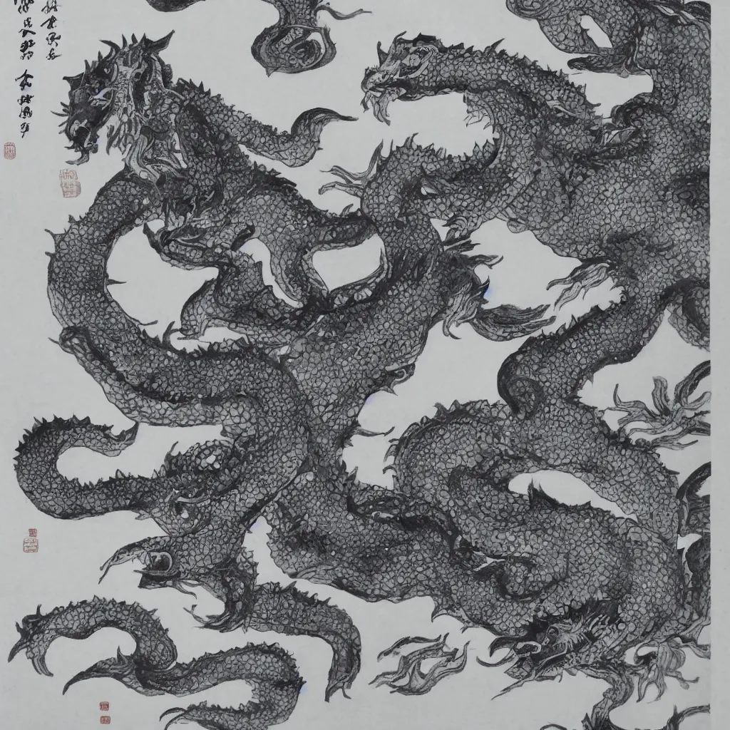 Prompt: chinese ink painting of a water monster