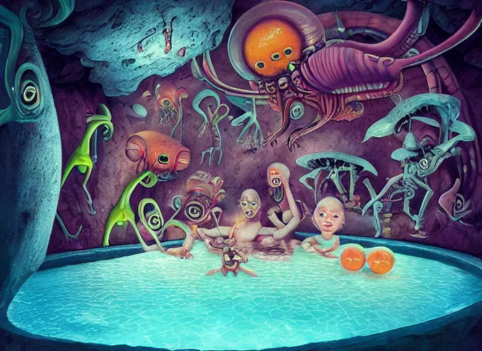 Prompt: 👽 aliens by a cave pool, lowbrow, amazing colorful background, digital art, concept art, in the style of mark ryden, 3 - d 4 k,