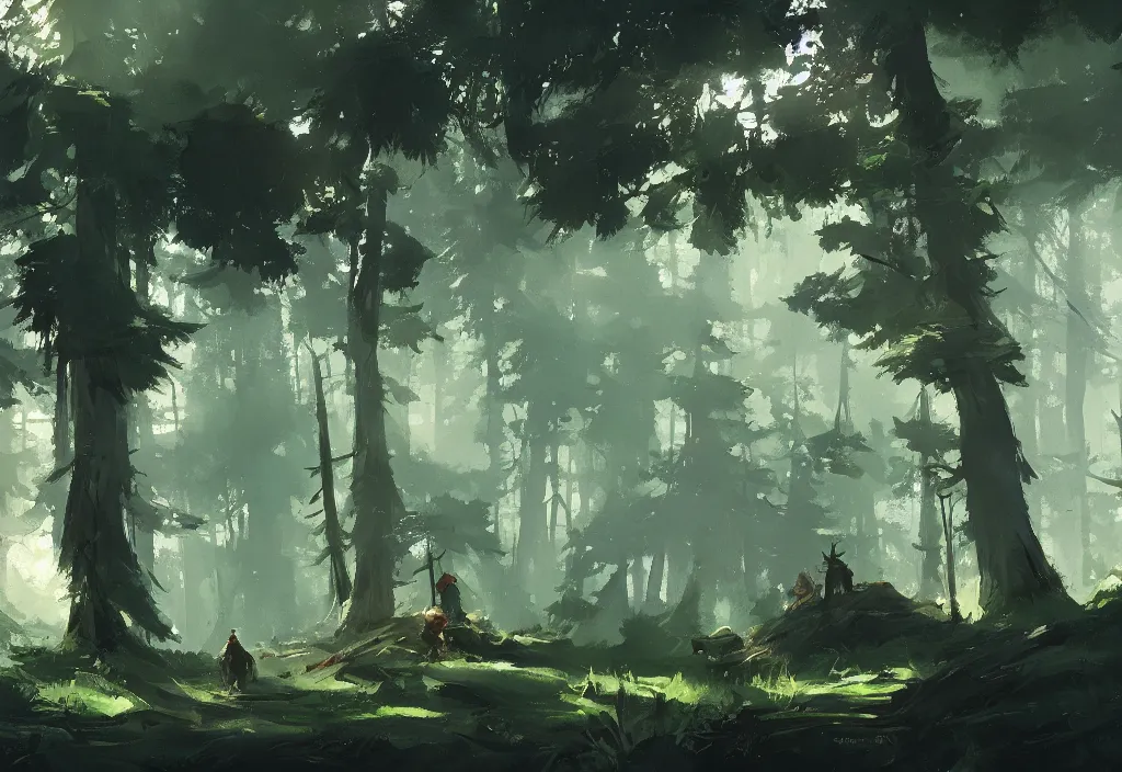 Prompt: greg manchess painting of a forest landscape in the middle ages, painting, trending on artstation, by ismail inceoglu and by craig mullins and by kilian eng and by jake parker