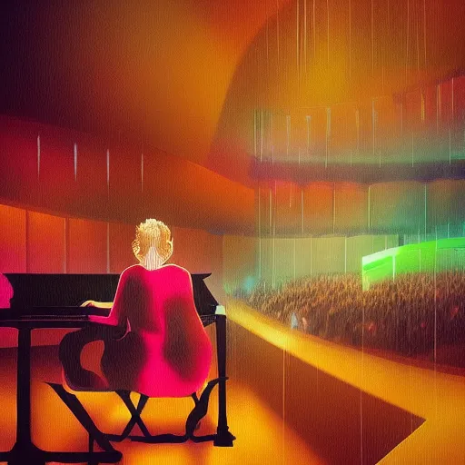 Image similar to “a woman with synesthesia listening to an orchestra at a concert hall, digital art”