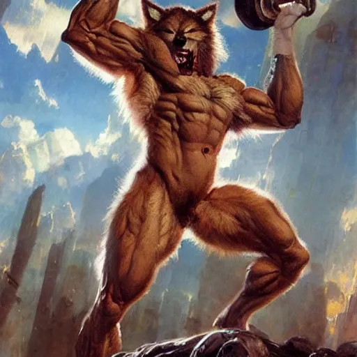 Prompt: wolfman furry fursona bodybuilder furry body furry arms, gaston bussiere, artgerm, greg rutkowski, john berkey, ruan jia, jack kirby, marvel