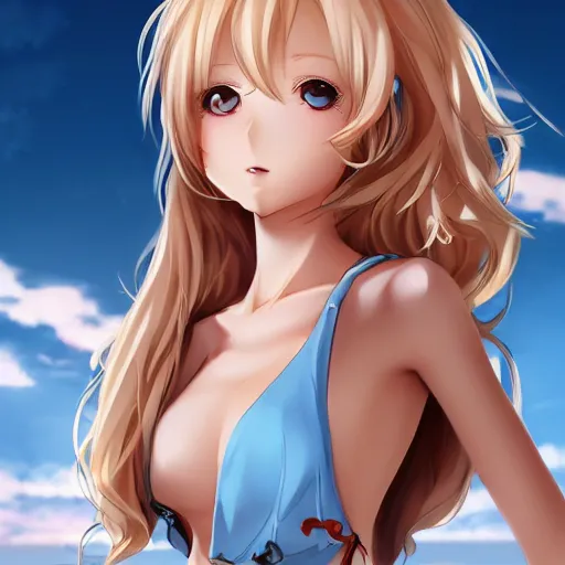 Prompt: a very beautiful young anime bar girl, full body, long wavy blond hair, sky blue eyes, full round face,, bikini, miniskirt, front view, mid - shot, highly detailed, cinematic wallpaper by stanley artgerm lau